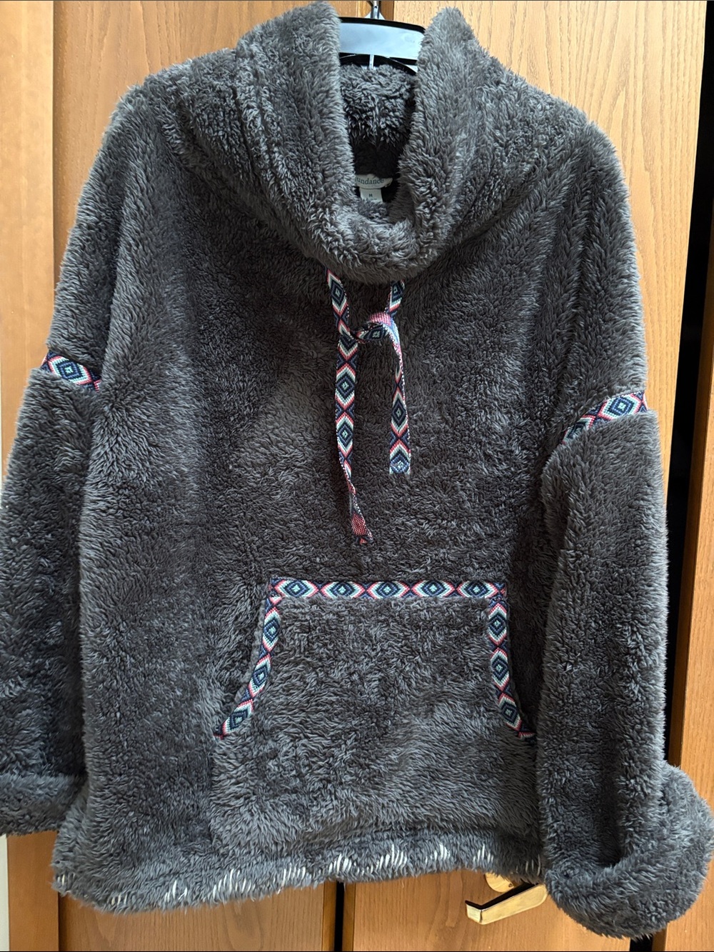 Sundance Plush Funnel Cowl Pullover in Charcoal with Patterned Trim